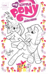 Size: 1200x1863 | Tagged: safe, artist:ben bates, idw, apple bloom, pharaoh phetlock, scootaloo, sweetie belle, zapp, earth pony, pegasus, pony, unicorn, g4, micro-series #7, my little pony micro-series, black and white, comic cover, commission, cover, cutie mark crusaders, duo, female, filly, foal, grayscale, kicking, mare, monochrome, power ponies, traditional art