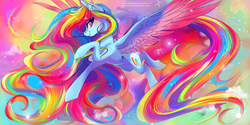 Size: 3464x1732 | Tagged: safe, artist:wilvarin-liadon, rainbow dash, alicorn, pegasus, pony, g4, color porn, female, long mane, long tail, looking back, mare, multicolored hair, smiling, solo, spread wings, wings