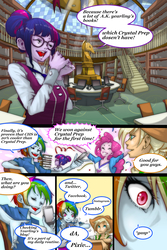 Size: 1000x1495 | Tagged: safe, artist:ddd1983, applejack, pinkie pie, rainbow dash, sci-twi, twilight sparkle, comic:shimmering, equestria girls, g4, canterlot high, comic, library