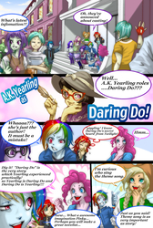 Size: 1000x1489 | Tagged: safe, artist:ddd1983, a.k. yearling, applejack, daring do, fluttershy, pinkie pie, rainbow dash, rarity, sunset shimmer, twilight sparkle, comic:shimmering, equestria girls, g4, canterlot high, comic, mane six