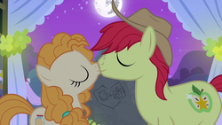 Size: 1280x720 | Tagged: safe, screencap, bright mac, pear butter, earth pony, pony, g4, the perfect pear, female, kiss on the lips, kissing, male, ship:brightbutter, shipping, straight