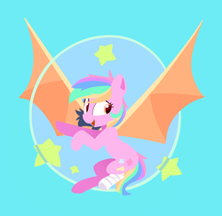 Size: 2876x2791 | Tagged: safe, artist:lilfunkman, oc, oc only, oc:paper stars, bat pony, pony, amputee, bat pony oc, gift art, high res, multicolored hair, simple background, smiling, solo, spread wings, wings