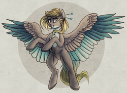 Size: 1600x1180 | Tagged: safe, artist:yargoelster, oc, oc only, pegasus, pony, chest fluff, colored wings, colored wingtips, commission, female, fluffy, grin, large wings, leg fluff, lidded eyes, looking at you, mare, smiling, solo, spread wings, wings