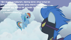 Size: 640x360 | Tagged: safe, edit, edited screencap, screencap, nightshade, rainbow dash, pegasus, pony, g4, bible, bible verse, christianity, clothes, cloud, costume, duo, female, flying, mare, quote, religion, shadowbolts, shadowbolts costume, text