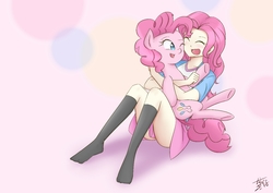 Size: 1169x826 | Tagged: safe, artist:龚仔, pinkie pie, human, pony, g4, clothes, cute, diapinkes, equestria girls outfit, eyes closed, happy, hug, human ponidox, humanized, one eye closed, schrödinger's pantsu, self ponidox, skirt, socks, underhoof, upskirt