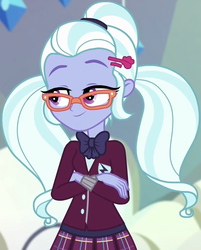 Size: 806x1001 | Tagged: safe, screencap, sugarcoat, equestria girls, equestria girls specials, g4, my little pony equestria girls: dance magic, bowtie, clothes, cropped, crystal prep, crystal prep academy uniform, female, glasses, hairpin, pigtails, school uniform, skirt, smiling, solo, twintails