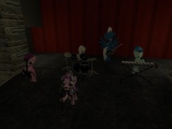 Size: 640x480 | Tagged: safe, artist:eddythecowardlyyoshi, double diamond, night glider, party favor, starlight glimmer, sugar belle, pony, g4, 3d, band, drums, equal four, gmod, guitar, keyboard, microphone, musical instrument
