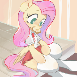 Size: 800x800 | Tagged: safe, artist:jus+ice, fluttershy, pegasus, pony, semi-anthro, g4, blushing, bread, clothes, cute, female, food, mouth hold, school uniform, shyabetes, skirt, socks, solo, thigh highs, thighs, thunder thighs, toast