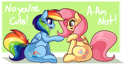 Size: 3500x1850 | Tagged: safe, artist:graphene, fluttershy, rainbow dash, pegasus, pony, g4, atg 2017, blushing, cute, dashabetes, female, i'm not cute, lesbian, looking at each other, mare, newbie artist training grounds, ship:flutterdash, shipping, shyabetes, smiling