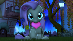 Size: 1200x675 | Tagged: safe, artist:loveslove, fluttershy, pony, g4, 3d, building, cute, daaaaaaaaaaaw, female, flower, flower in hair, grass, heart, hnnng, lamppost, looking at you, mouth hold, night, shyabetes, solo, source filmmaker, tree