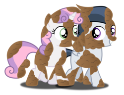 Size: 1776x1362 | Tagged: safe, artist:meandmyideas, rumble, sweetie belle, pony, g4, female, male, mud, noodle incident, ship:rumbelle, shipping, simple background, smiling, straight, transparent background, vector, walking