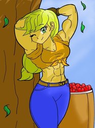 Size: 452x603 | Tagged: safe, artist:matchstickman, applejack, human, g4, abs, apple, applejacked, belly button, breasts, cleavage, food, front knot midriff, humanized, midriff, muscles, one eye closed, tree