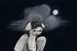 Size: 1402x924 | Tagged: safe, artist:surcouff, oc, oc only, pegasus, pony, cloud, floppy ears, grayscale, monochrome, moon, night, painting, solo