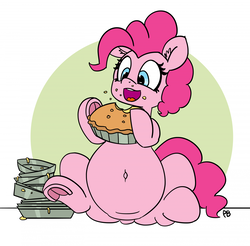 Size: 1280x1258 | Tagged: dead source, safe, artist:pabbley, pinkie pie, earth pony, pony, g4, 30 minute art challenge, belly button, eating, fat, female, food, mare, open mouth, pie, pubic mound, pudgy pie, sitting, solo, stuffed, stuffing, that pony sure does love pies, underhoof