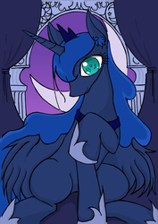 Size: 4300x6082 | Tagged: safe, artist:zemlya, princess luna, pony, g4, absurd resolution, amused, female, looking at you, messy mane, pixiv, raised hoof, smiling, solo, stare