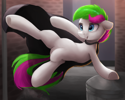 Size: 1125x900 | Tagged: safe, artist:vanillaghosties, oc, oc only, oc:neon streak, earth pony, pony, alley, cape, clothes, male, smiling, solo, stallion, trash can