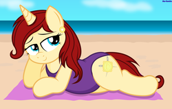 Size: 5000x3171 | Tagged: safe, artist:an-tonio, derpibooru exclusive, oc, oc only, oc:golden brooch, pony, unicorn, beach, bedroom eyes, clothes, earring, female, jewelry, loose hair, mother, ocean, one-piece swimsuit, solo, swimsuit, towel, water