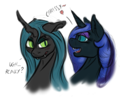 Size: 550x433 | Tagged: safe, artist:thexiiilightning, nightmare moon, queen chrysalis, alicorn, changeling, changeling queen, pony, g4, female, lesbian, ship:chrysmoon, shipping, sketch, text