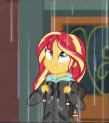 Size: 302x343 | Tagged: safe, screencap, sunset shimmer, equestria girls, g4, monday blues, my little pony equestria girls: summertime shorts, animated, backpack, clothes, door, female, gif, hoodie, jacket, rain