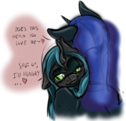 Size: 496x476 | Tagged: safe, artist:thexiiilightning, nightmare moon, queen chrysalis, alicorn, changeling, changeling queen, pony, g4, female, hug, leaning, lesbian, mare, ship:chrysmoon, shipping, sketch, text