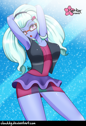 Size: 678x1000 | Tagged: safe, artist:clouddg, sugarcoat, dance magic, equestria girls, equestria girls specials, g4, arm behind head, armpits, breasts, busty sugarcoat, clothes, female, glasses, looking at you, open mouth, solo
