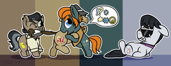 Size: 2000x773 | Tagged: safe, artist:binkyt11, derpibooru exclusive, biff, doctor caballeron, rogue (g4), withers, earth pony, pony, g4, angry, backwards cutie mark, broken glasses, censored vulgarity, chibi, ear fluff, fight, floppy ears, glasses, grawlixes, henchmen, male, newbie artist training grounds, one eye closed, restrained, scared, speech bubble, stallion, tail pull