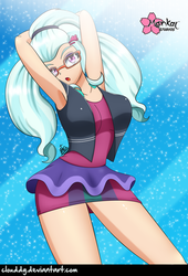 Size: 678x1000 | Tagged: safe, artist:clouddg, sugarcoat, equestria girls, equestria girls specials, g4, my little pony equestria girls: dance magic, arm behind head, armpits, breasts, busty sugarcoat, clothes, female, glasses, human coloration, looking at you, open mouth, solo