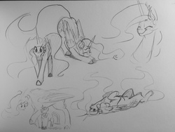 Size: 1280x960 | Tagged: safe, artist:greyscaleart, princess celestia, twilight sparkle, alicorn, pony, g4, cute, cutelestia, monochrome, on back, sillestia, silly, silly pony, sketch, sketch dump, smiling, stretching, traditional art