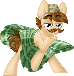 Size: 1024x1043 | Tagged: safe, artist:kellythedrawinguni, oc, oc only, oc:the stache, earth pony, pony, cap, facial hair, hat, kilt, male, moustache, simple background, solo, stallion, transparent background, underhoof