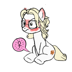 Size: 1000x1000 | Tagged: safe, artist:pablote, oc, oc only, oc:parchment bleach, oc:pretty paper, earth pony, pony, blushing, blushing profusely, crossgender, female, female symbol, glasses, male to female, mare, punishment, rule 63, shocked, simple background, solo, story included, transformation, transgender transformation, transparent background