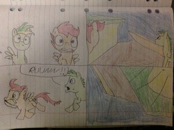 Size: 2592x1936 | Tagged: safe, artist:didgereethebrony, scootaloo, oc, oc:didgeree, pony, g4, flooding, lined paper, ship, sinking, sinking ship, traditional art
