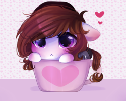 Size: 2500x2000 | Tagged: safe, artist:whiteliar, oc, oc only, oc:kumikoshy, pony, :<, clothes, cup, cup of pony, cute, heart, heart eyes, high res, micro, ocbetes, solo, teacup, wingding eyes