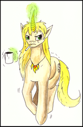 Size: 582x892 | Tagged: safe, artist:veda, oc, oc only, pony, unicorn, cigarette, coffee mug, furryguys, magic, mug, ponified, simple background, solo, traditional art, watercolor painting