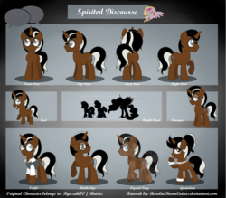 Size: 4815x4212 | Tagged: safe, artist:raspberrystudios, party favor, princess celestia, oc, oc only, oc:spirited discourse, crystal pony, pony, unicorn, g4, absurd resolution, clothes, commission, foal, glasses, height difference, reference sheet, rule 63, silhouette, teenager