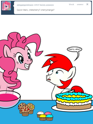 Size: 600x800 | Tagged: safe, artist:dekomaru, pinkie pie, oc, oc:mars, alicorn, pony, tumblr:ask twixie, g4, ask, cake, colt, cupcake, food, male, tumblr