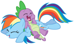 Size: 4000x2350 | Tagged: safe, artist:are-you-jealous, rainbow dash, spike, dragon, pony, friendship is magic, g4, high res, laughing, prone, simple background, transparent background, vector