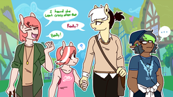 Size: 1101x619 | Tagged: safe, artist:redxbacon, oc, oc only, oc:coral, oc:note clip, oc:orca, oc:pixel bite, anthro, ..., dialogue, hand in pocket, holding hands, listening to music, looking at each other, looking at someone, question mark, walking