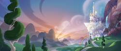 Size: 1920x811 | Tagged: safe, my little pony: the movie, official, background, beautiful, canterlot, castle, cloud, crepuscular rays, mountain, no pony, path, rainbow, river, scenery, scenery porn, sky, sunrise, sunset, tree, wallpaper, waterfall