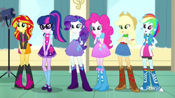 Size: 1280x720 | Tagged: safe, screencap, applejack, pinkie pie, rainbow dash, rarity, sci-twi, sunset shimmer, twilight sparkle, equestria girls, g4, my little pony equestria girls: summertime shorts, pet project, boots, female, glasses, happy, shoes, smiling