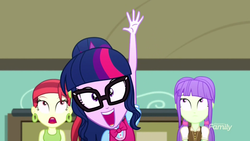 Size: 1280x720 | Tagged: safe, screencap, rose heart, sci-twi, starlight, twilight sparkle, equestria girls, g4, my little pony equestria girls: summertime shorts, subs rock, bowtie, excited, glasses, hand
