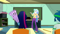 Size: 1280x720 | Tagged: safe, screencap, captain planet, princess celestia, principal celestia, sci-twi, twilight sparkle, equestria girls, g4, my little pony equestria girls: summertime shorts, subs rock, animation error, background human, classroom, confused, great moments in animation, hand, incorrect hand anatomy, ponytail, smear frame