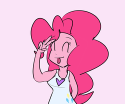 Size: 1024x853 | Tagged: safe, artist:umbraamethyst, pinkie pie, equestria girls, g4, clothes, dress, eyes closed, female, pink background, simple background, solo, tongue out