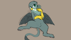 Size: 8107x4560 | Tagged: safe, artist:the-minuscule-task, edit, gabby, griffon, g4, absurd resolution, blushing, cute, explicit source, featureless crotch, female, lying down, on back, paw pads, pointing, pubic fluff, sfw edit, solo, spread legs, spreading, wallpaper, wallpaper edit