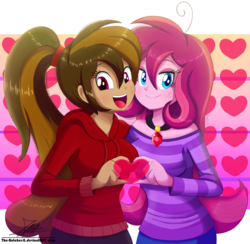 Size: 1560x1520 | Tagged: safe, artist:the-butch-x, oc, oc only, oc:contralto, oc:cupcake slash, equestria girls, g4, clothes, commission, disguised siren, duo, female, heart, heart hands, hoodie, lesbian, looking at you, oc x oc, shipping, smiling, wubcake