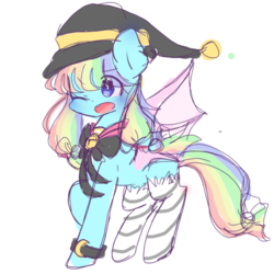 Size: 768x768 | Tagged: safe, artist:windymils, oc, oc only, oc:candy bite, bat pony, pony, clothes, colored sketch, colored wings, female, hat, mare, neck bow, one eye closed, simple background, sketch, socks, solo, white background, wink, witch hat