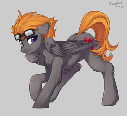 Size: 2200x2000 | Tagged: safe, artist:swaybat, oc, oc only, oc:aj, pegasus, pony, commission, glasses, gray background, high res, looking at you, male, simple background, solo