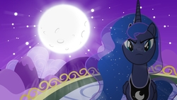 Size: 1600x900 | Tagged: safe, artist:dashiesparkle, artist:hendro107, princess luna, alicorn, pony, g4, female, frown, jewelry, looking at you, moon, regalia, solo
