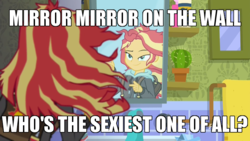 Size: 750x422 | Tagged: safe, screencap, sunset shimmer, eqg summertime shorts, equestria girls, g4, monday blues, actually pretty funny, female, finger gun, finger guns, image macro, mane 'n tail, meme, mirror, snow white and the seven dwarfs, solo, sunset's apartment