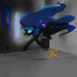 Size: 3000x3000 | Tagged: safe, artist:ruanshi, nightmare moon, alicorn, pony, g4, banana peel, castle, female, high res, majestic as fuck, mare, missing accessory, solo, trap (device)