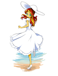 Size: 1338x1761 | Tagged: safe, artist:twilite-sparkleplz, sunset shimmer, equestria girls, g4, beautiful, clothes, dress, female, hat, looking back, simple background, solo, sun hat, sundress, white dress